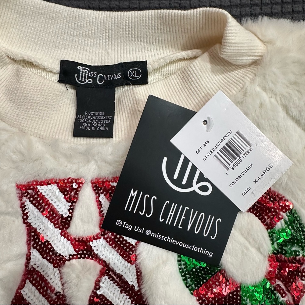 Miss Chievous HO HO HO Christmas Sweater Womens XL Ivory Sequin Fuzzy Pullover - Picture 3 of 5